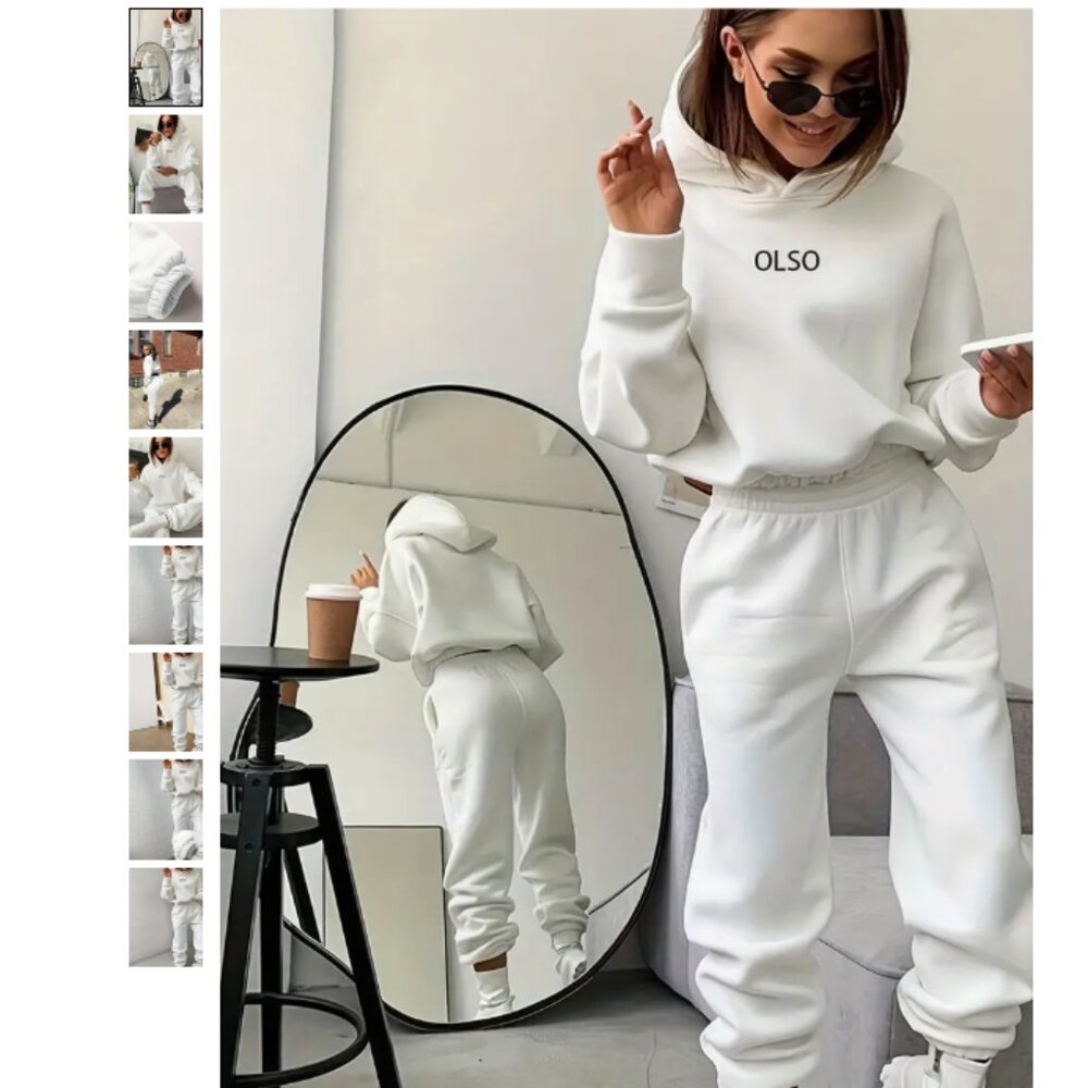 NEW 2 Piece Letter Print Loungewear Hoodie and Jogger Set in White Size L NWOT